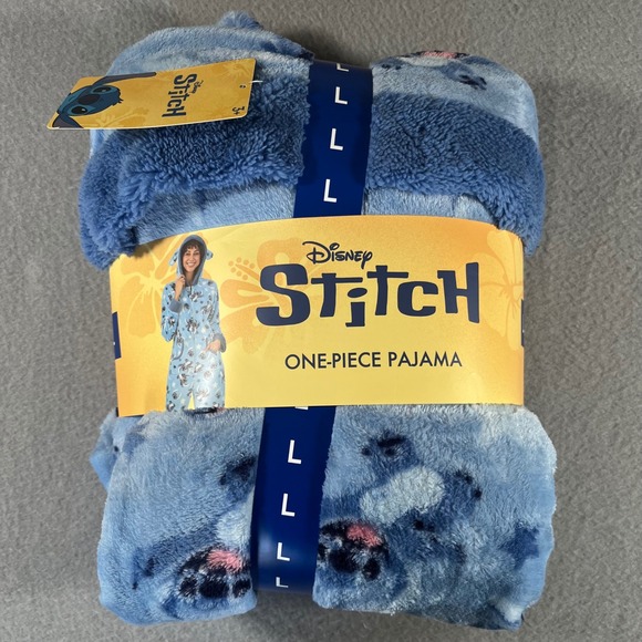 Disney Other - NWT Disney Stitch One Piece Pajama Union Suit Blue Fleece Hooded Womens Large‎